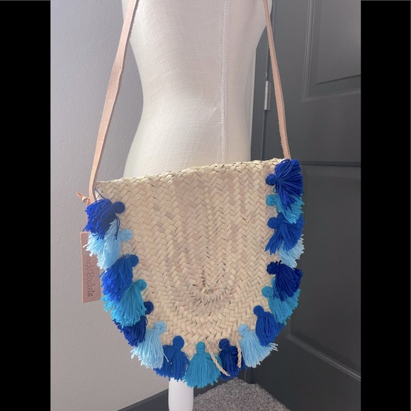 Mail Bag Straw French baskets long leather handle pom pom - Picture 2 of 5